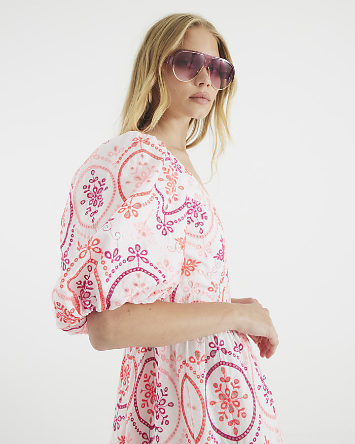 White Short Puff Sleeve Cutwork Mini Dress