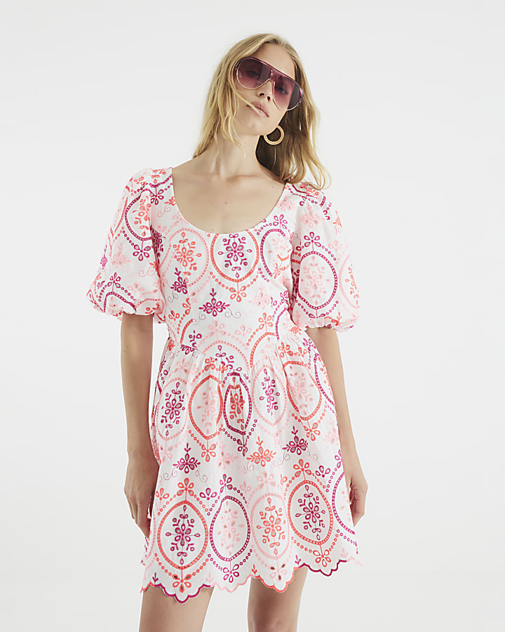 White Short Puff Sleeve Cutwork Mini Dress