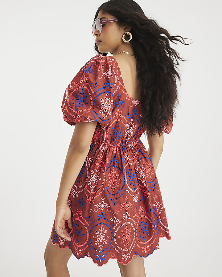 Brown Short Puff Sleeve Cutwork Mini Dress