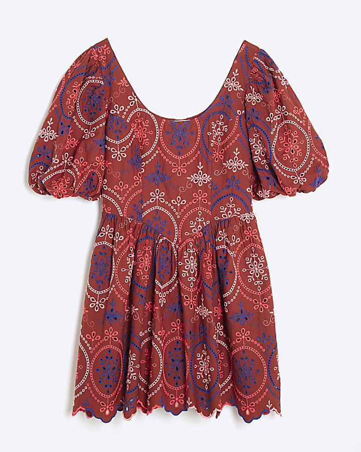 Brown Short Puff Sleeve Cutwork Mini Dress