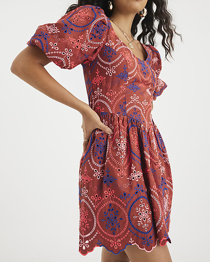 Brown Short Puff Sleeve Cutwork Mini Dress