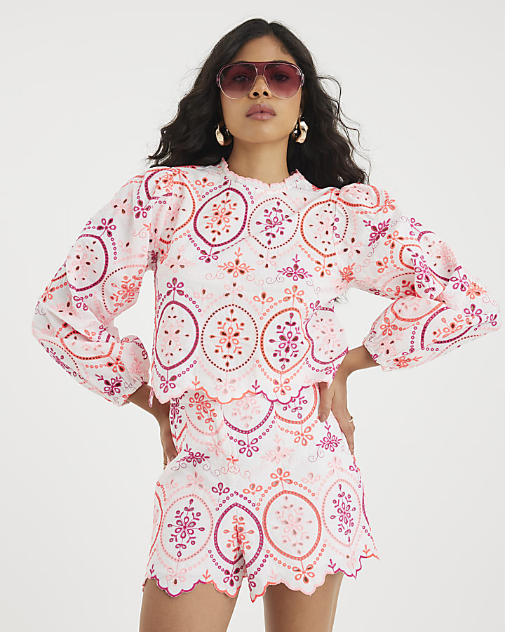 White Embroidered Cutwork Shorts