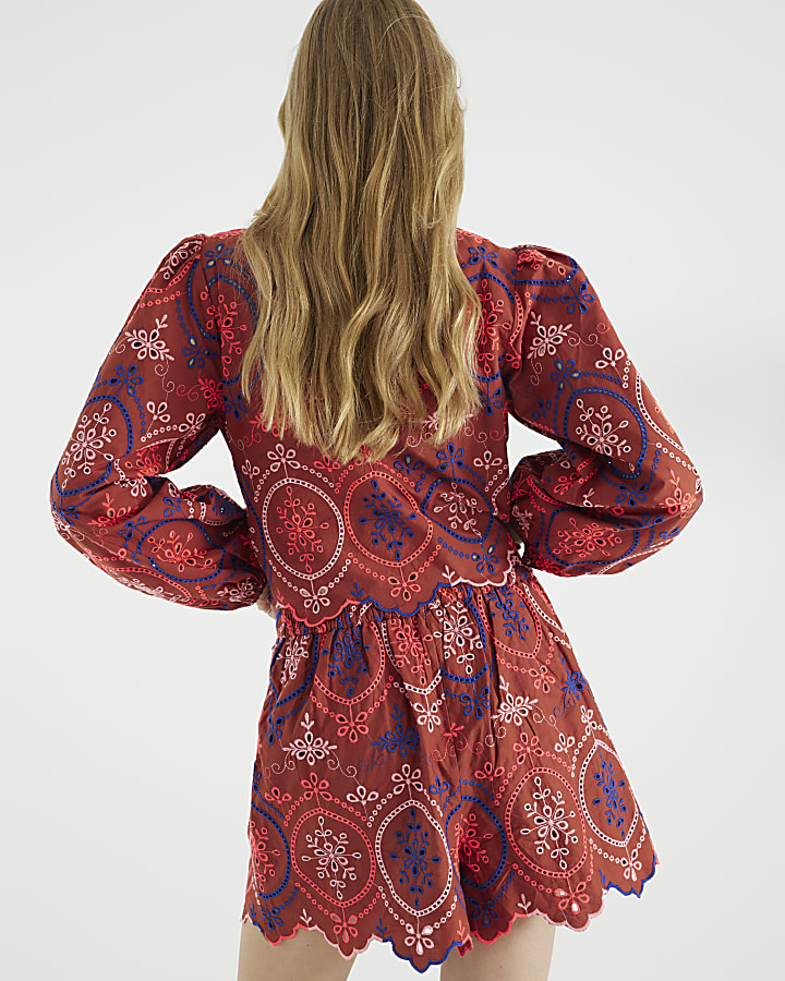 Red Cutwork Detail Embroidered Shorts