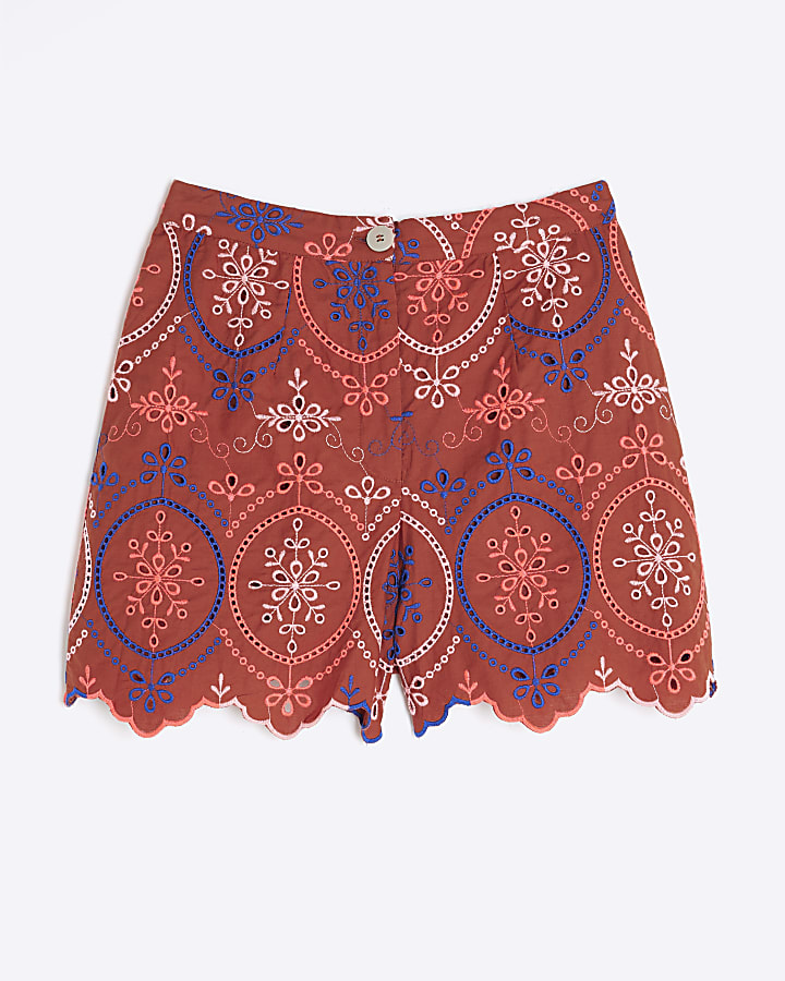 Red Cutwork Detail Embroidered Shorts
