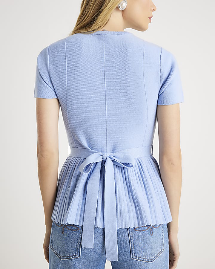 Blue Short Sleeve Belted Pleat Top