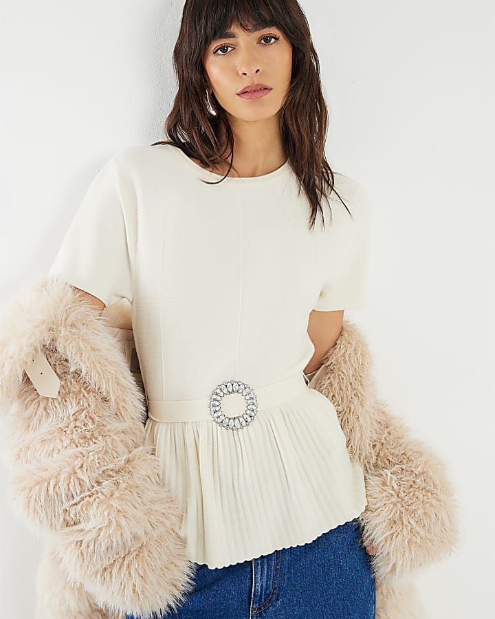 Cream Short sleeve Belted Pleat Top