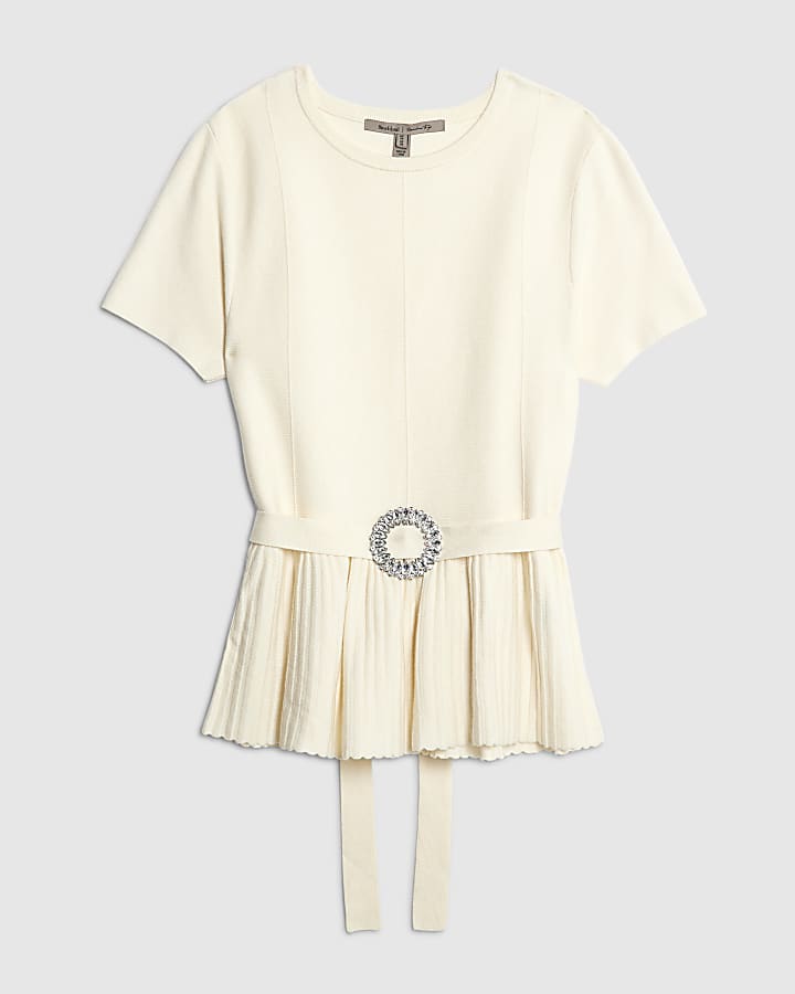 Cream Short sleeve Belted Pleat Top