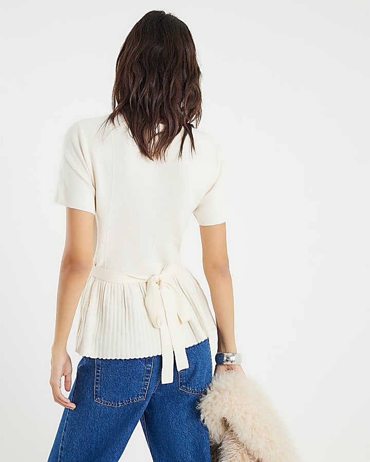 Cream Short sleeve Belted Pleat Top