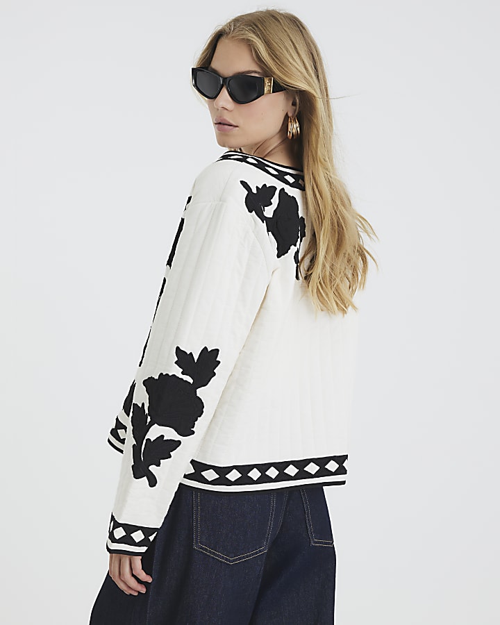 Cream Embroidered Floral Long Sleeve Jacket