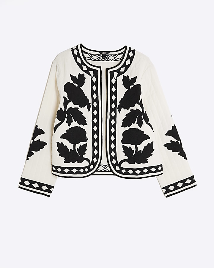 Cream Embroidered Floral Long Sleeve Jacket