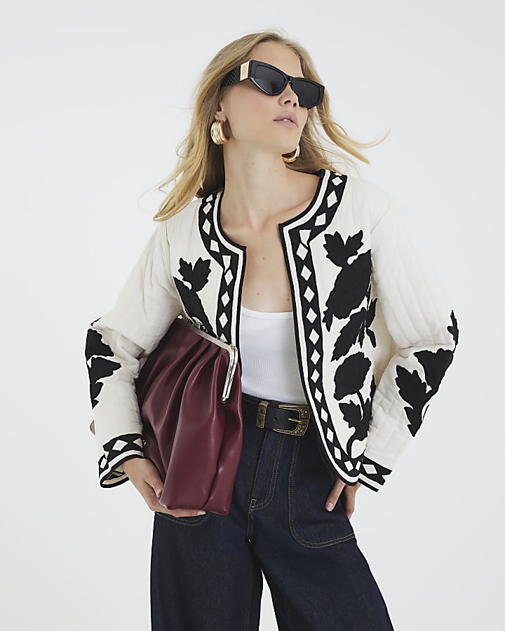 Cream Embroidered Floral Long Sleeve Jacket