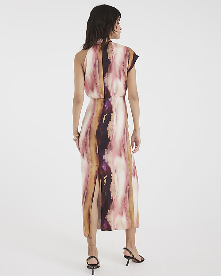 Pink Satin Printed High Neck Midi Dress