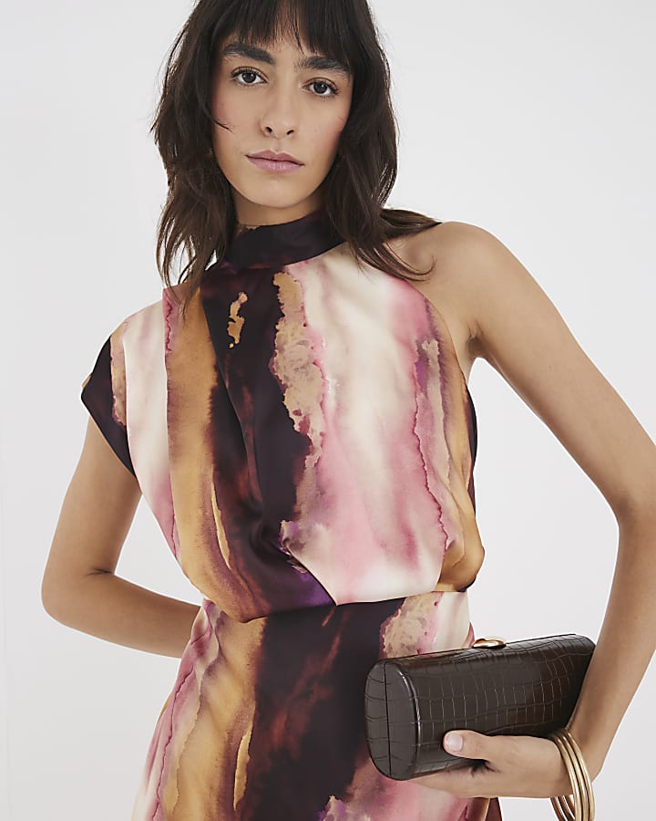 Pink Satin Printed High Neck Midi Dress