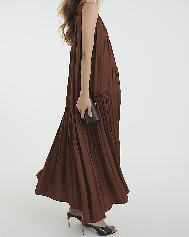 Brown Pleated Maxi Dress