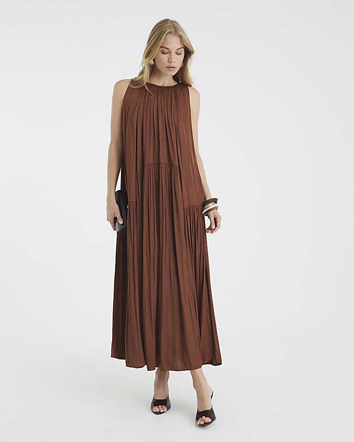 Brown Pleated Maxi Dress