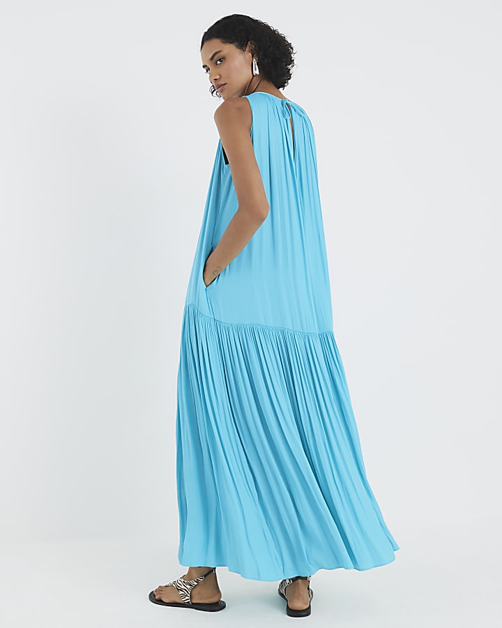 Blue Pleated Maxi Dress