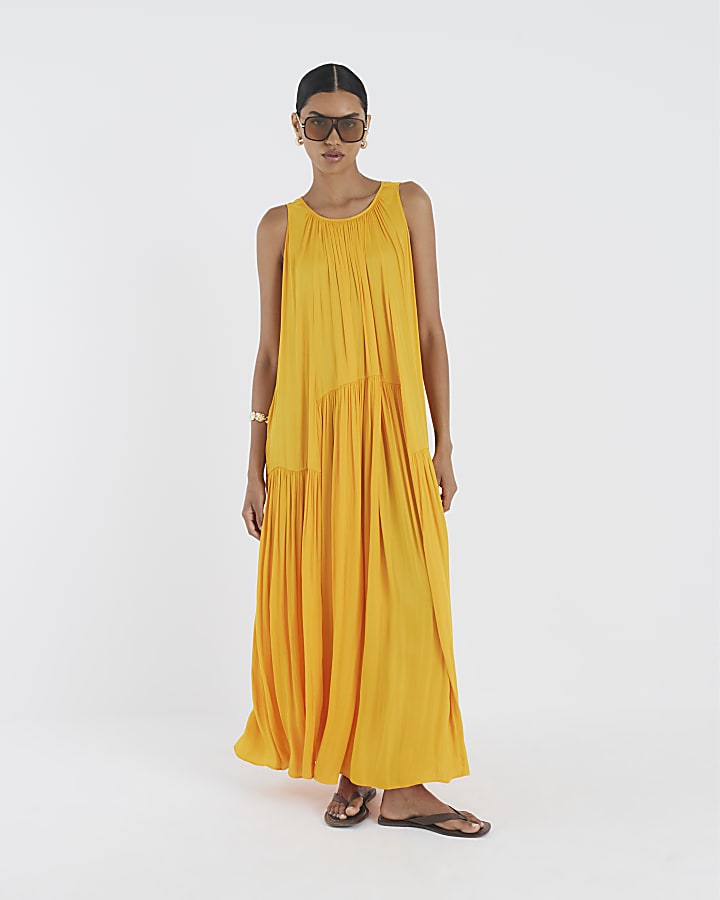 Orange Pleated Maxi Dress