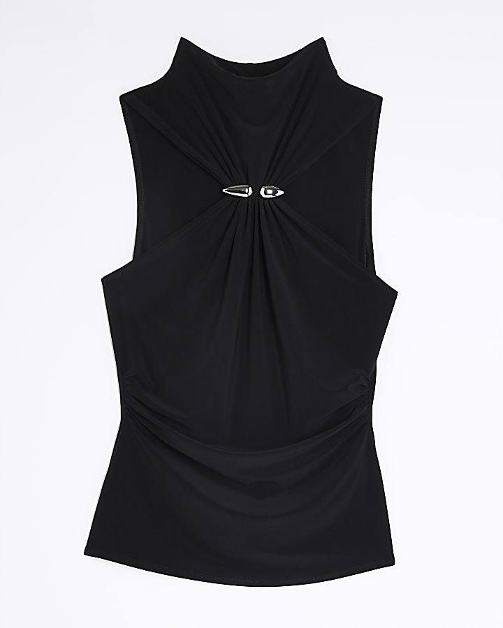 Black Sleeveless Metal Trim Front Top