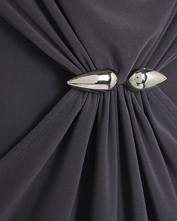 Grey Sleeveless Metal Trim Front Top
