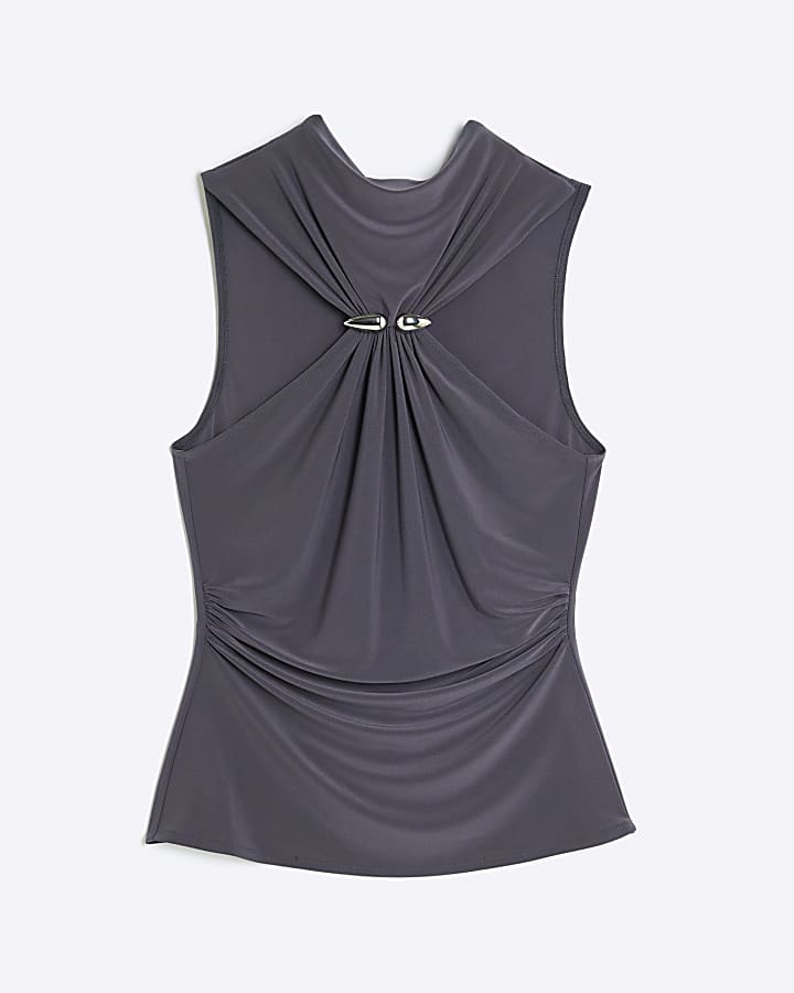Grey Sleeveless Metal Trim Front Top