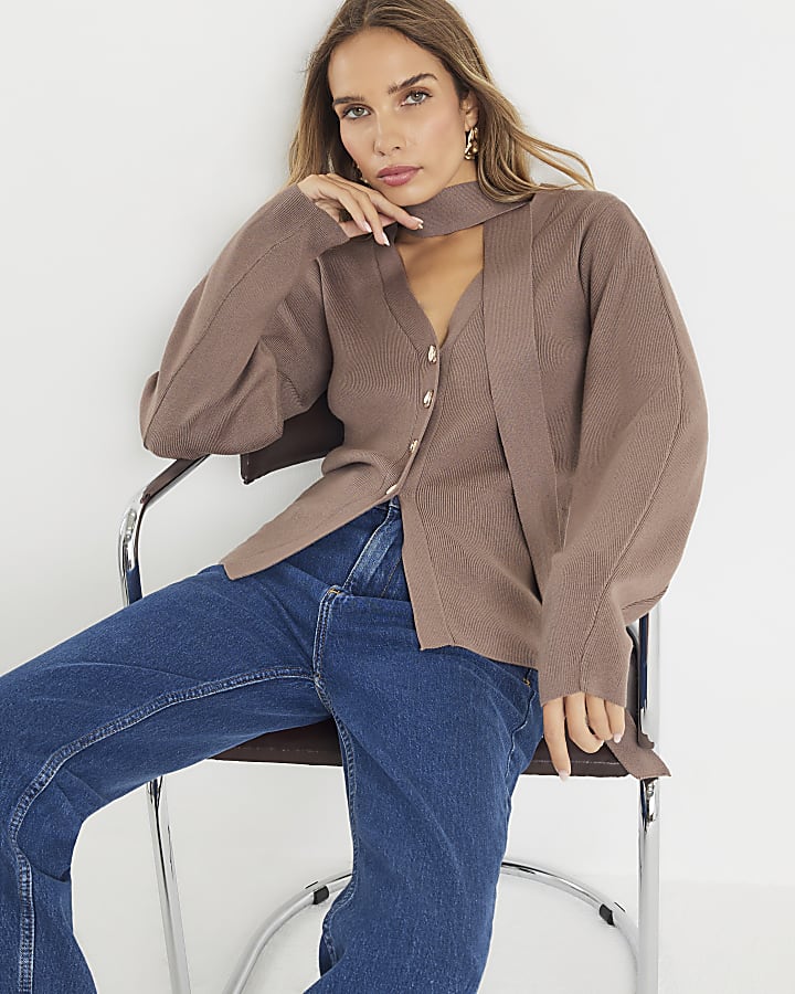 Brown Knitted Tie Neck Cardigan