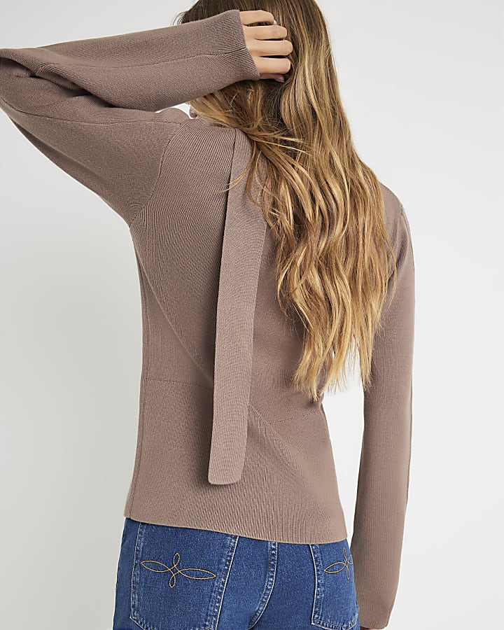 Brown Knitted Tie Neck Cardigan