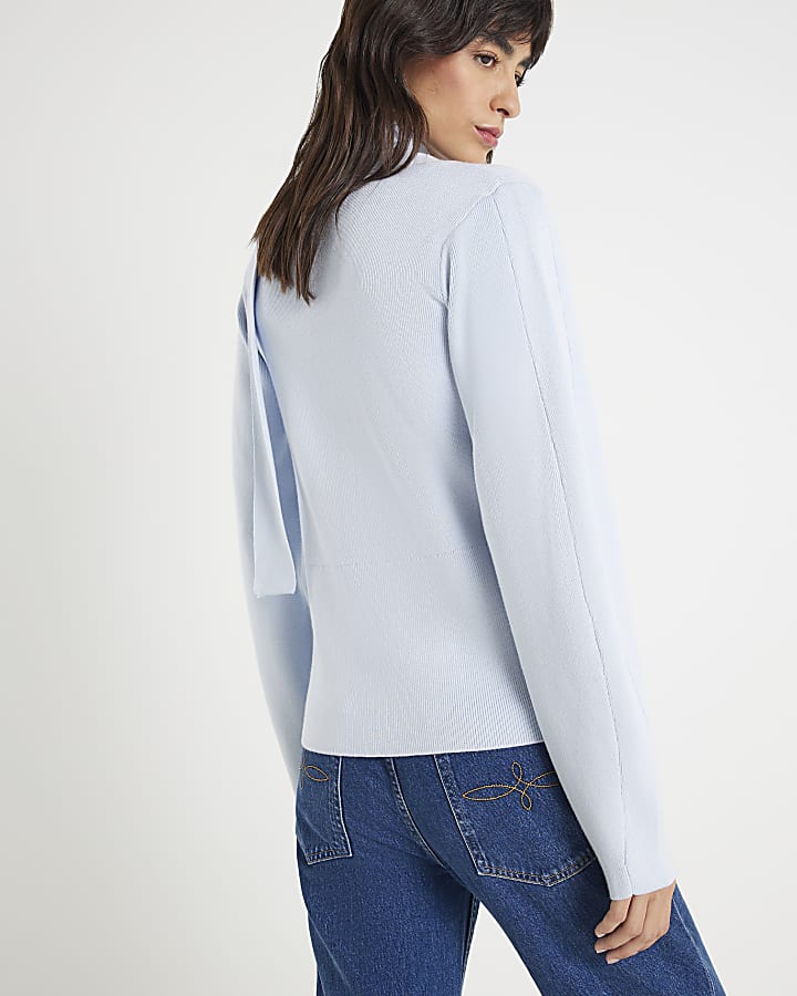 Blue Knitted Tie Neck Cardigan