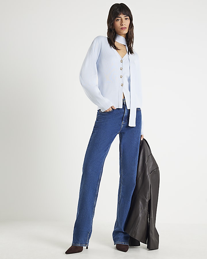 Blue Knitted Tie Neck Cardigan