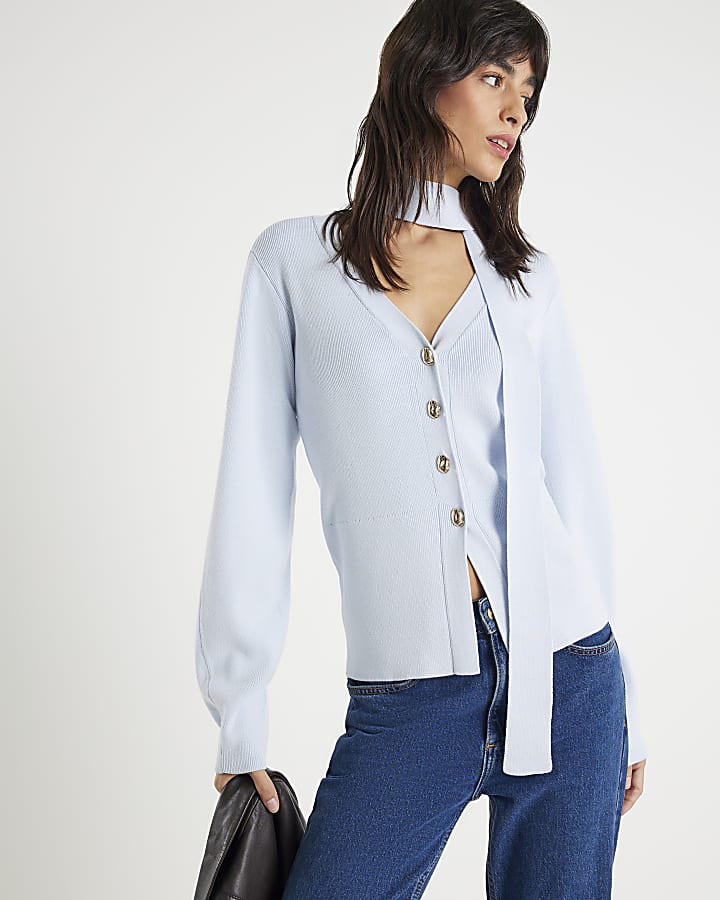 Blue Knitted Tie Neck Cardigan
