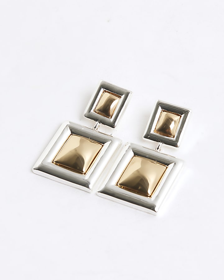 Gold mixed metal square drop earrings