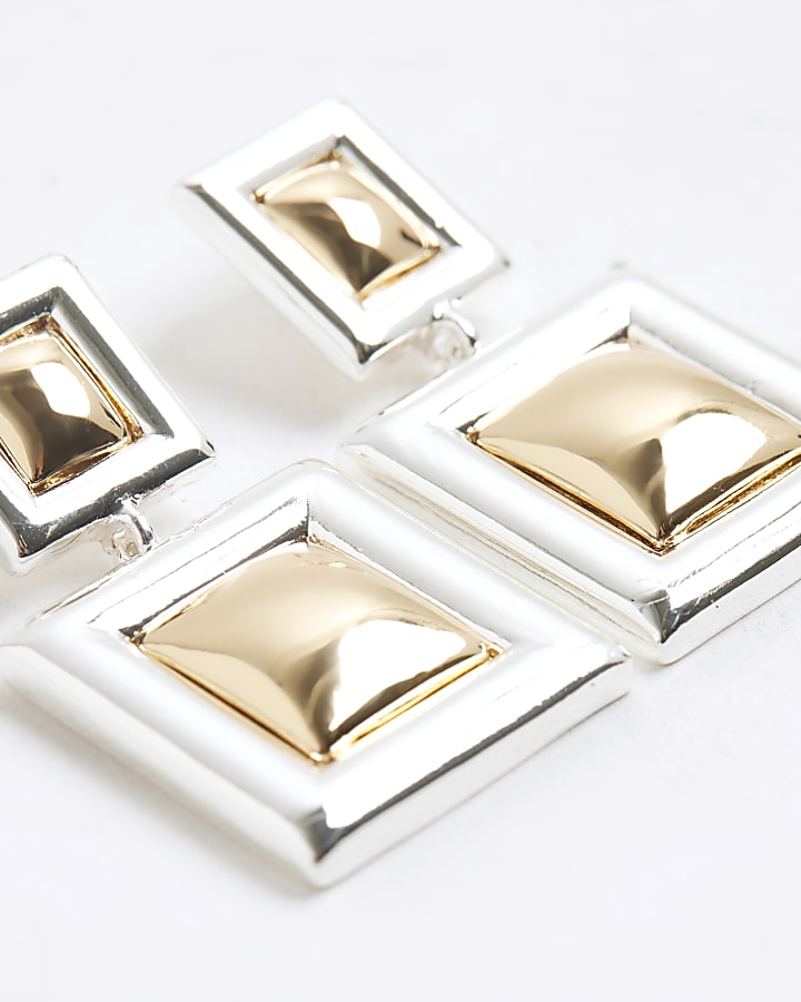 Gold mixed metal square drop earrings