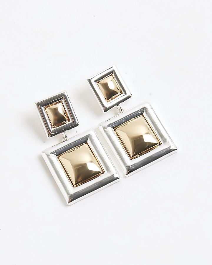 Gold mixed metal square drop earrings