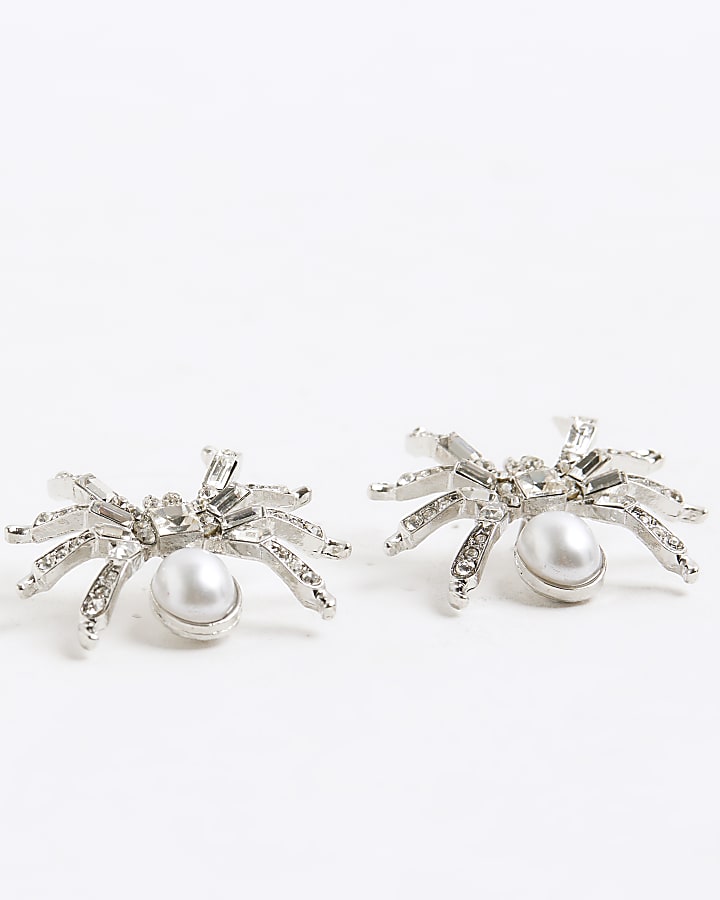 Silver diamante spider stud earrings