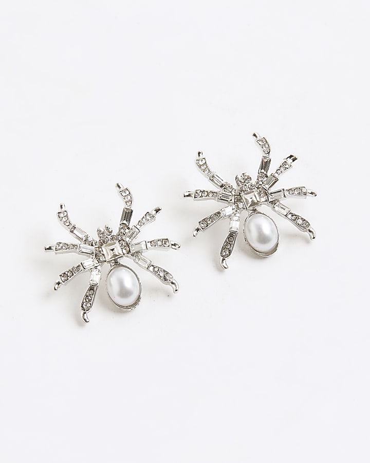 Silver diamante spider stud earrings