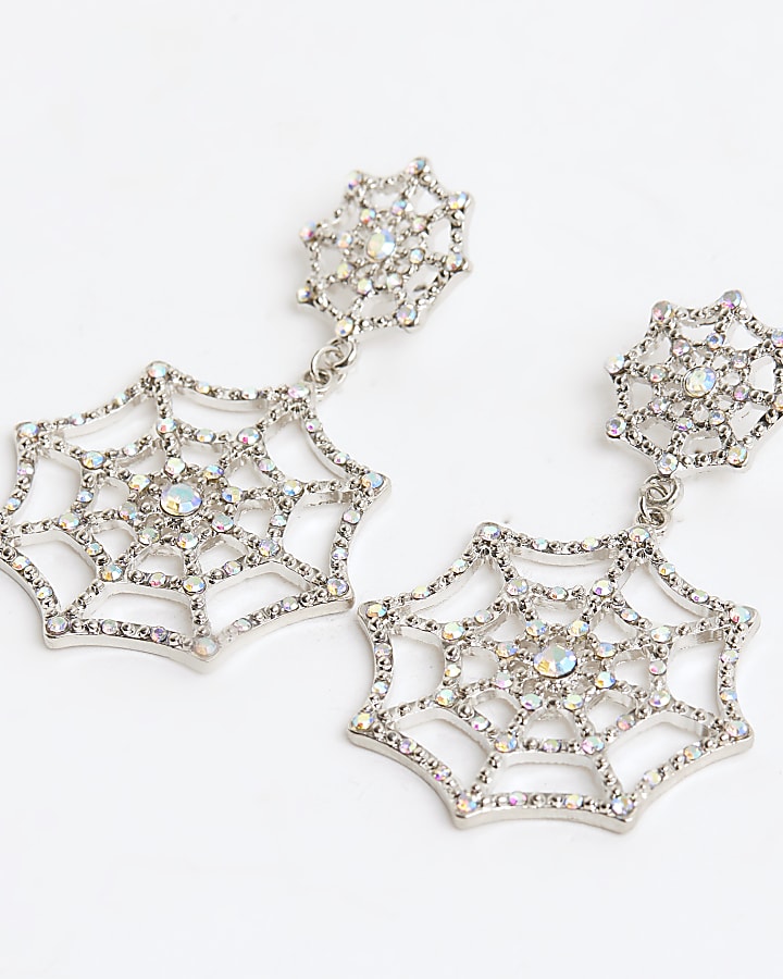 Silver diamante web drop earrings