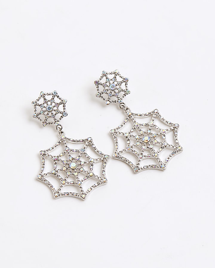 Silver diamante web drop earrings