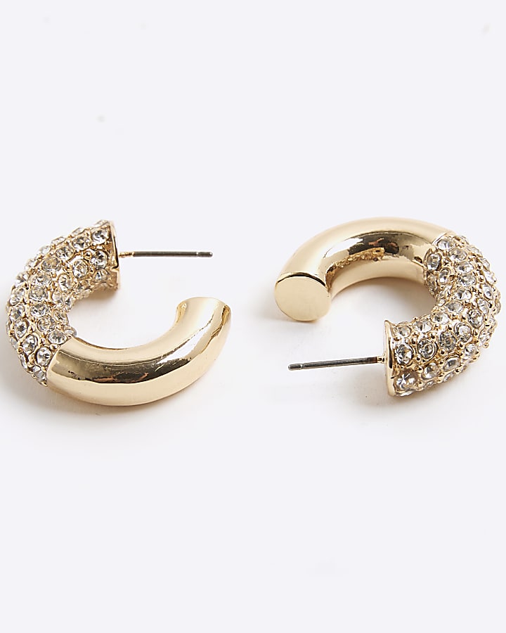 Gold Half Paved Hoop Earrings