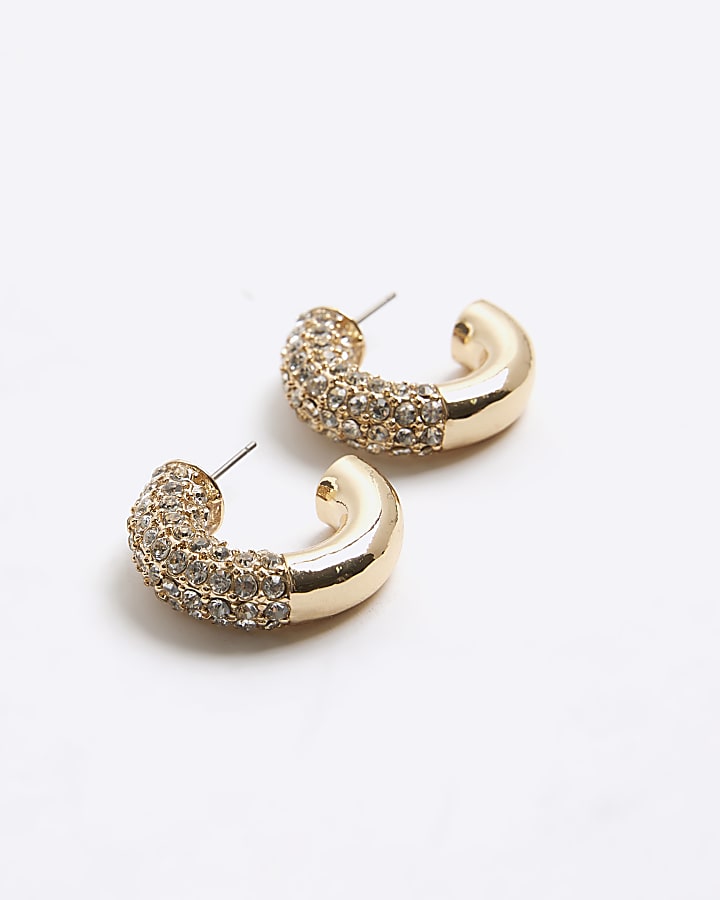Gold Half Paved Hoop Earrings