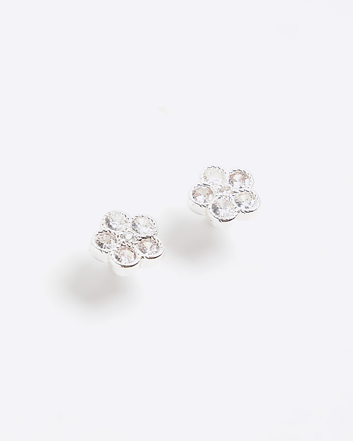 Silver Cubic Zirconia Floral Stud Earrings