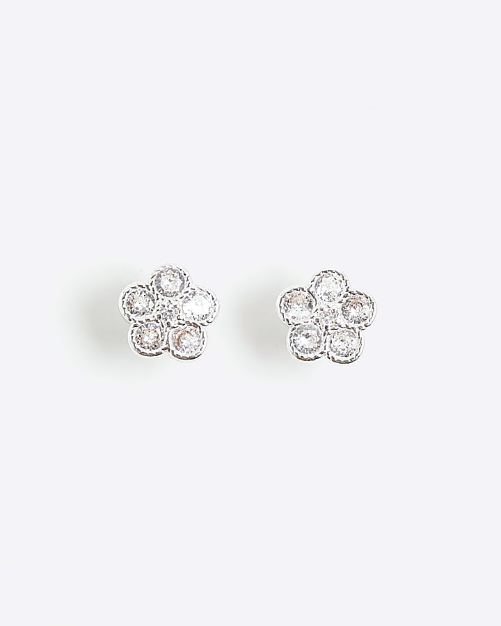 Silver Cubic Zirconia Floral Stud Earrings