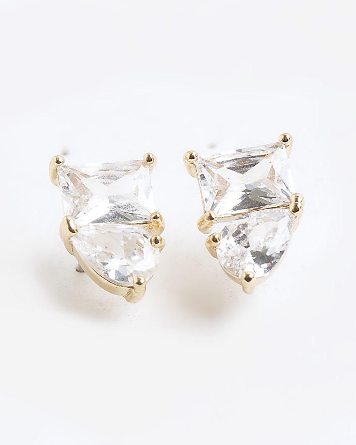 Gold Double Stone Stud Earrings