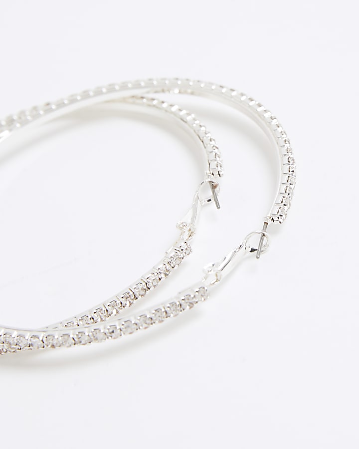 Silver Large Rhinestone Hoop Earrings