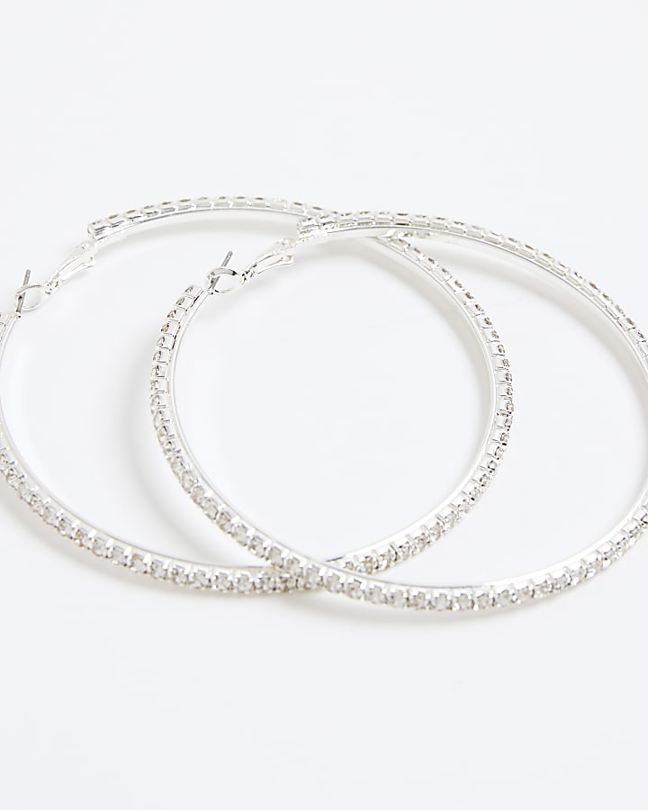 Silver Large Rhinestone Hoop Earrings