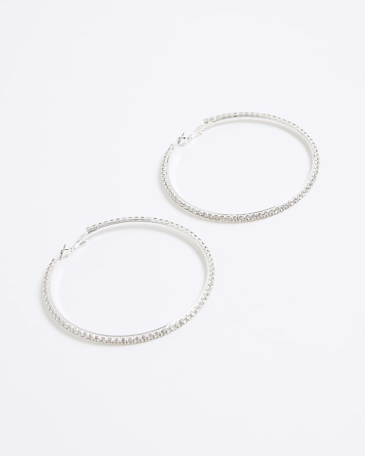 Silver Large Rhinestone Hoop Earrings