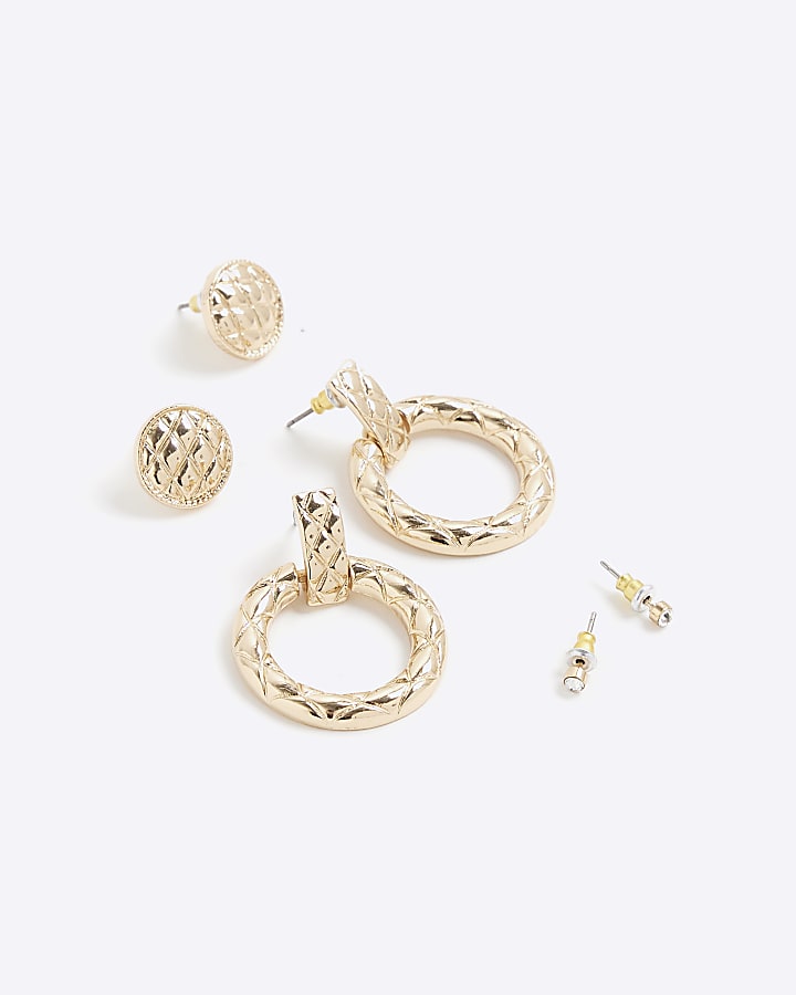 Gold Ridged Metal Pack Of 2 Earrings