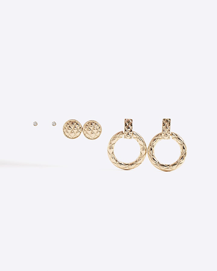 Gold Ridged Metal Pack Of 2 Earrings