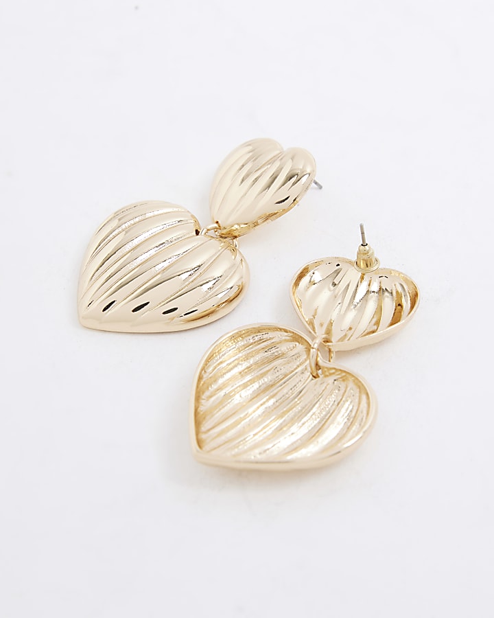 Gold Ridged Heart Drop Earrings