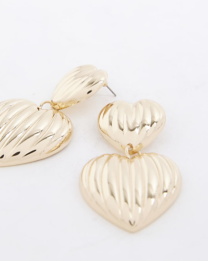 Gold Ridged Heart Drop Earrings