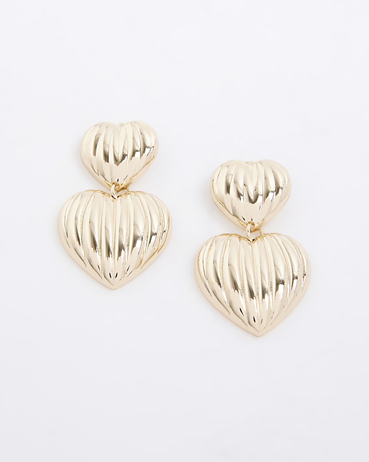 Gold Ridged Heart Drop Earrings