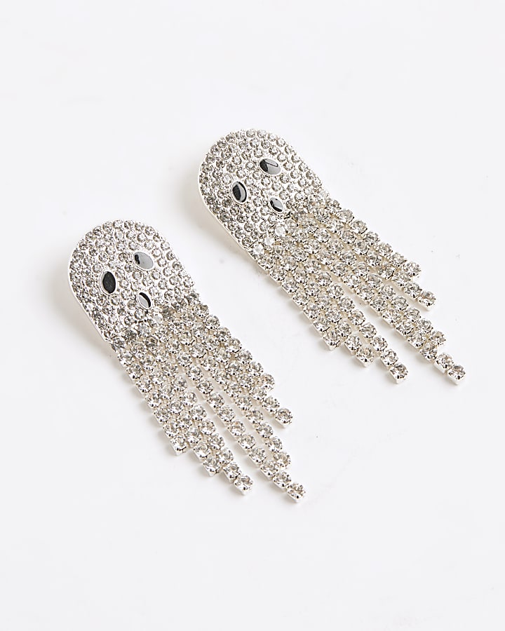 Silver diamante ghost tassel earrings